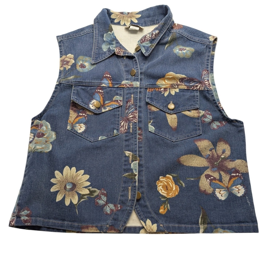 90s Vintage Stampede Floral Butterfly Denim Vest Womens Medium Blue